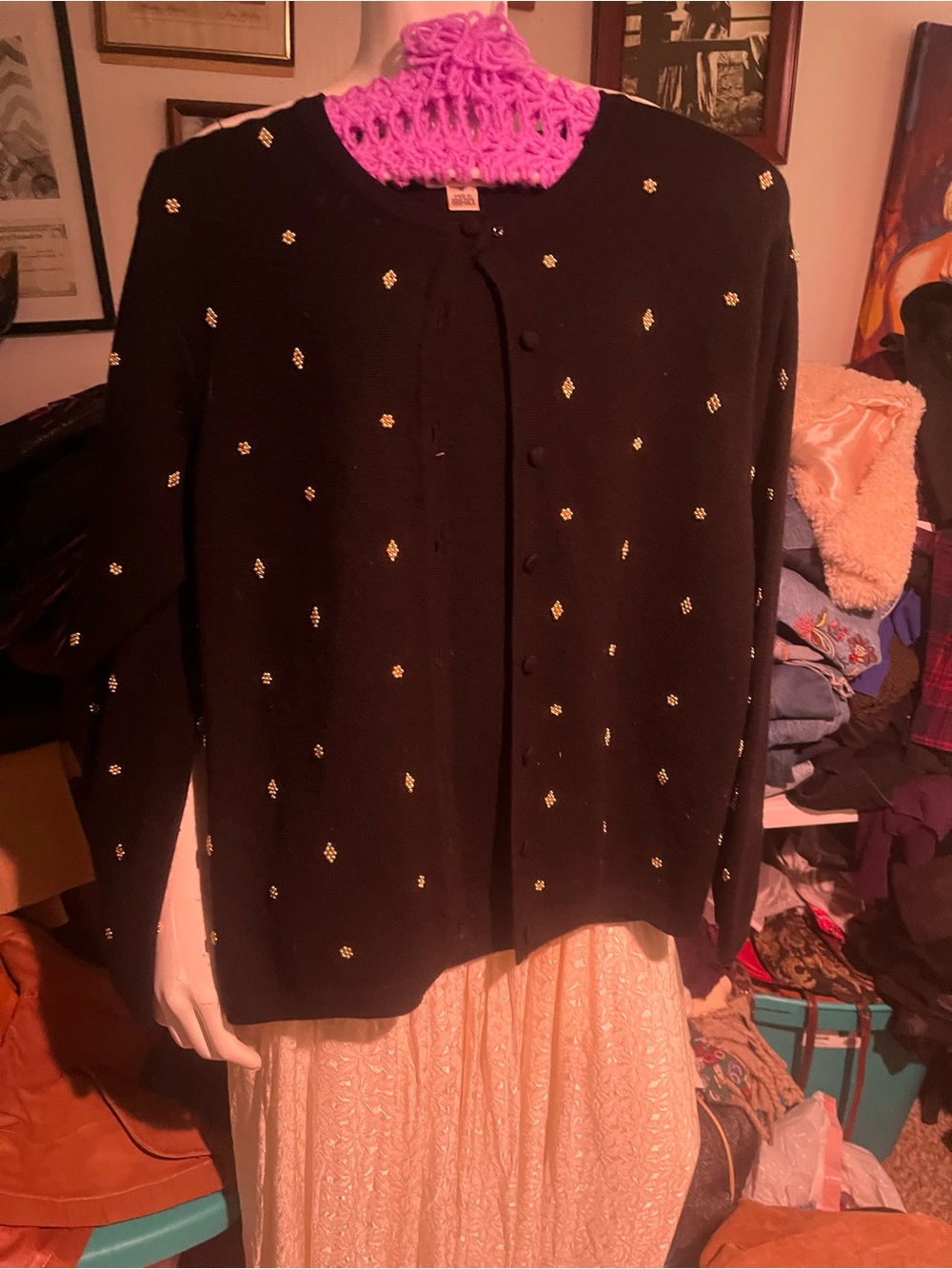 Talbots Black Cardigan Sweater with Gold Dot Accents